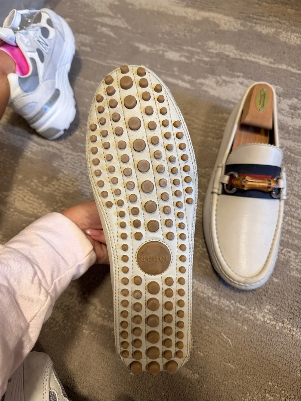 Gucci White Leather Loafers with Bamboo Bit and Web Stripe